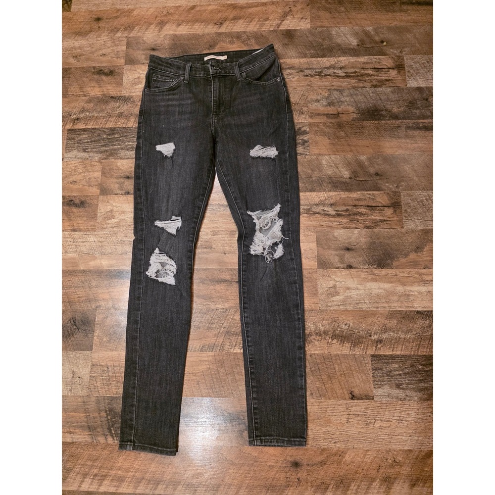Levis 721 High Rise Skinny Jeans Womens 26 Black Distressed Ripped Denim Pants‎